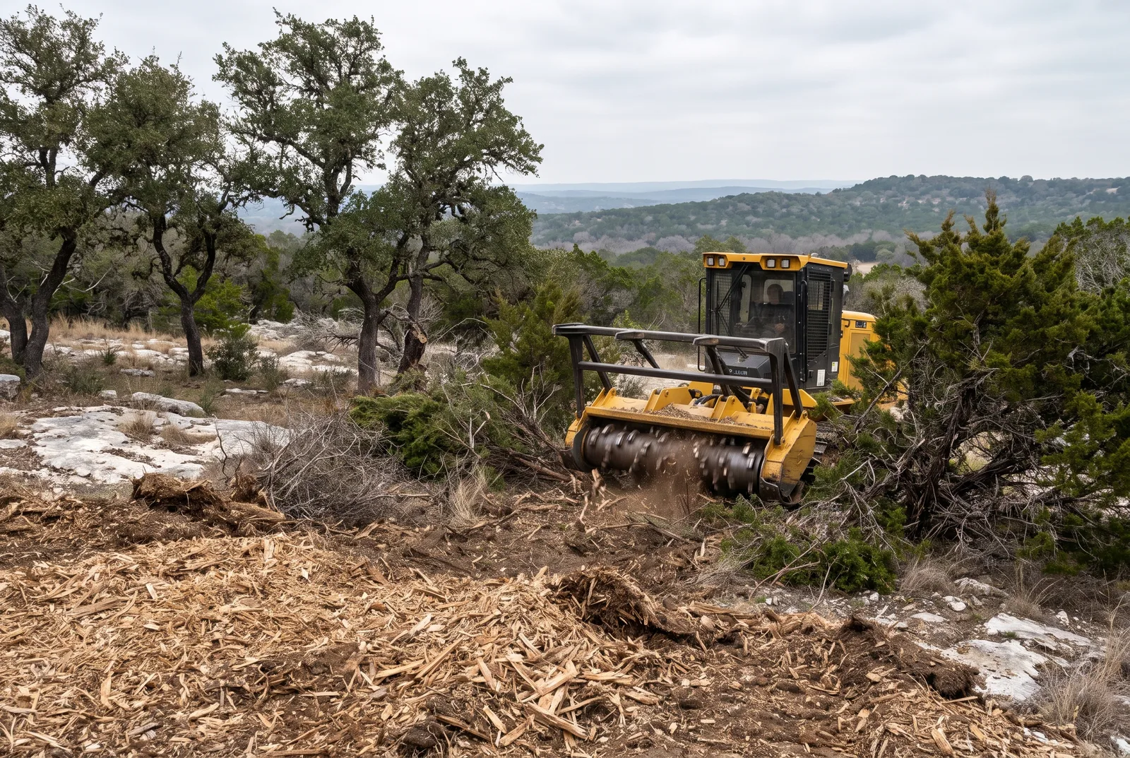 Forestry mulcher clearing Ashe juniper on a limestone-outcrop lot west of Georgetown, live oaks left standing