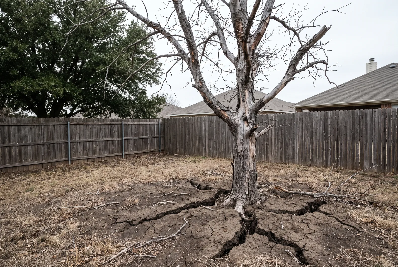 Post oak dead from drought in a Blackland Prairie backyard east of Georgetown, cracked black clay at its base