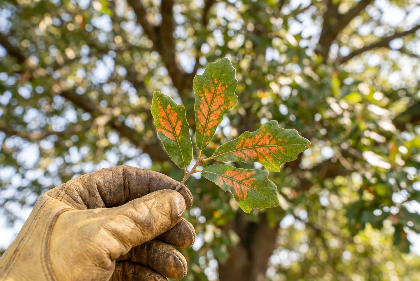 Live oak leaves showing oak wilt veinal necrosis, the veins traced orange-brown, in an arborist's gloved hand